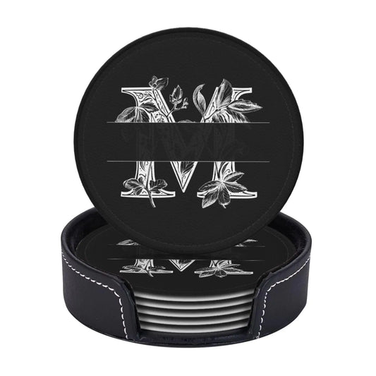 Custom Personalized Name Text Print Leather Coasters Coaster Set of 6 with Holder Round Cups Pad Mat for Home and Kitchen Desktop Decor