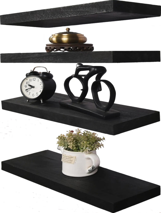 HXSWY Rustic Wood Floating Shelves for Wall Decor Farmhouse Wooden Wall Shelf for Bathroom Kitchen Bedroom Living Room Set of 4 Black