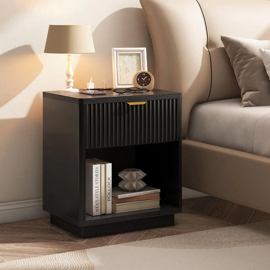 Nasonet Fluted Nightstand Charging StationWood Modern Night Stands Storage Cabinet for Bedroom Black Bedside Table with Drawers
