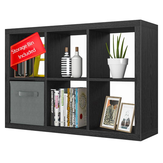 Bookshelf with Storage Bin 6-Cube Storage Organizer Modern Wood Open Bookcase Multifunctional Display Shelf for Living Room Bedroom Home Office Black