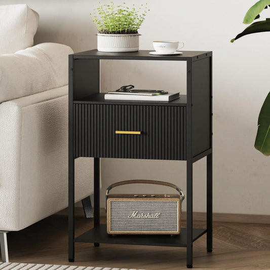 JOONEE Black Side Table Modern Nightstand with Drawer Fluted Bedside Table with 3 Storage Shelves for Living Room Bedroom