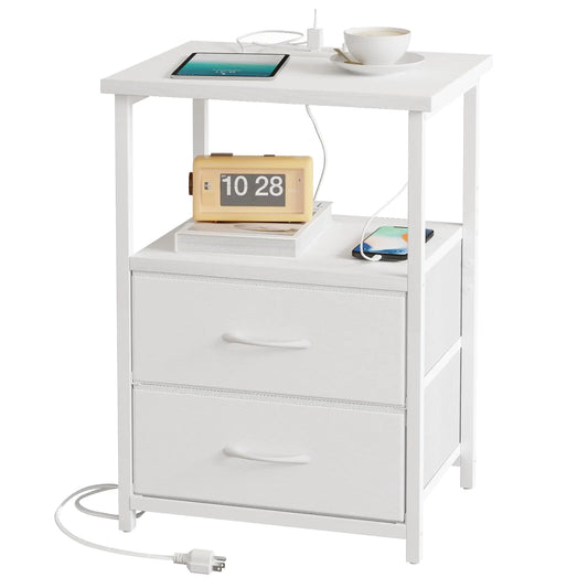 Fixwal White Night Stand with Charging Station Bedroom Nightstand with Fabric Drawers Bedside Table with PU Finish